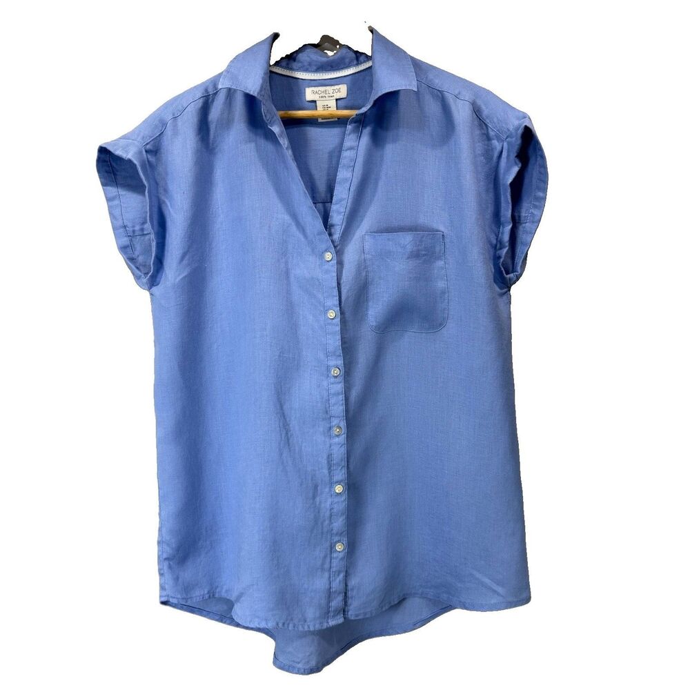 RACHEL ZOE Women's Size M 100% Linen Button Down Collared Cap Sleeve Shirt Blue